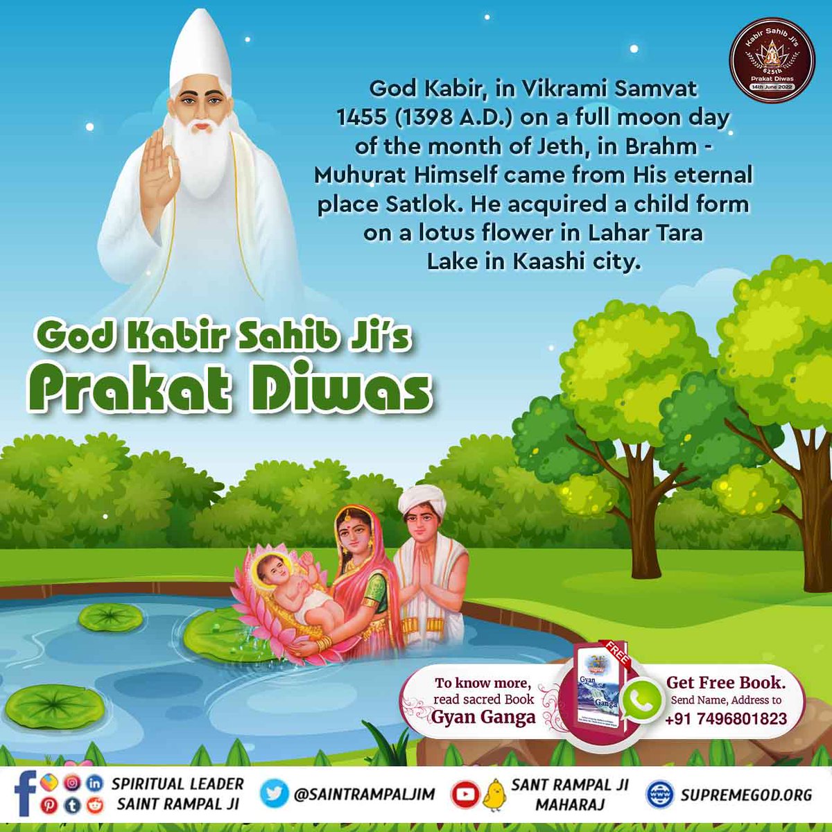 umeshkumar7027's tweet photo. #2DaysLeftForKabirPrakatDiwas

God Kabir, in Vikrami Samvat 1455 (1398 A.D.) on a full moon day of the month of Jeth, in Brahm Muhurat Himself came from His eternal
place Satlok. He acquired a child form on a lotus flower in Lahar Tara Lake in Kaashi city. https://t.co/XmlJxUVUTj