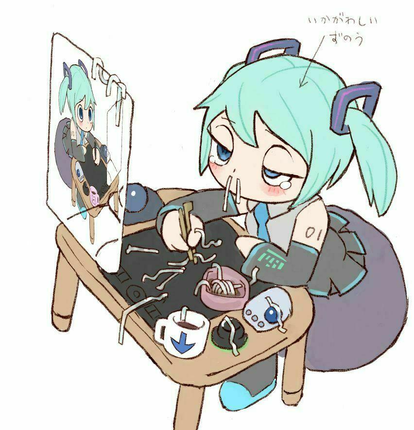 初音ミク 「お絵描き机でところてんの三杯酢にむせた結果を描いてみました…もうここで飲み食いし」|しるくれのイラスト