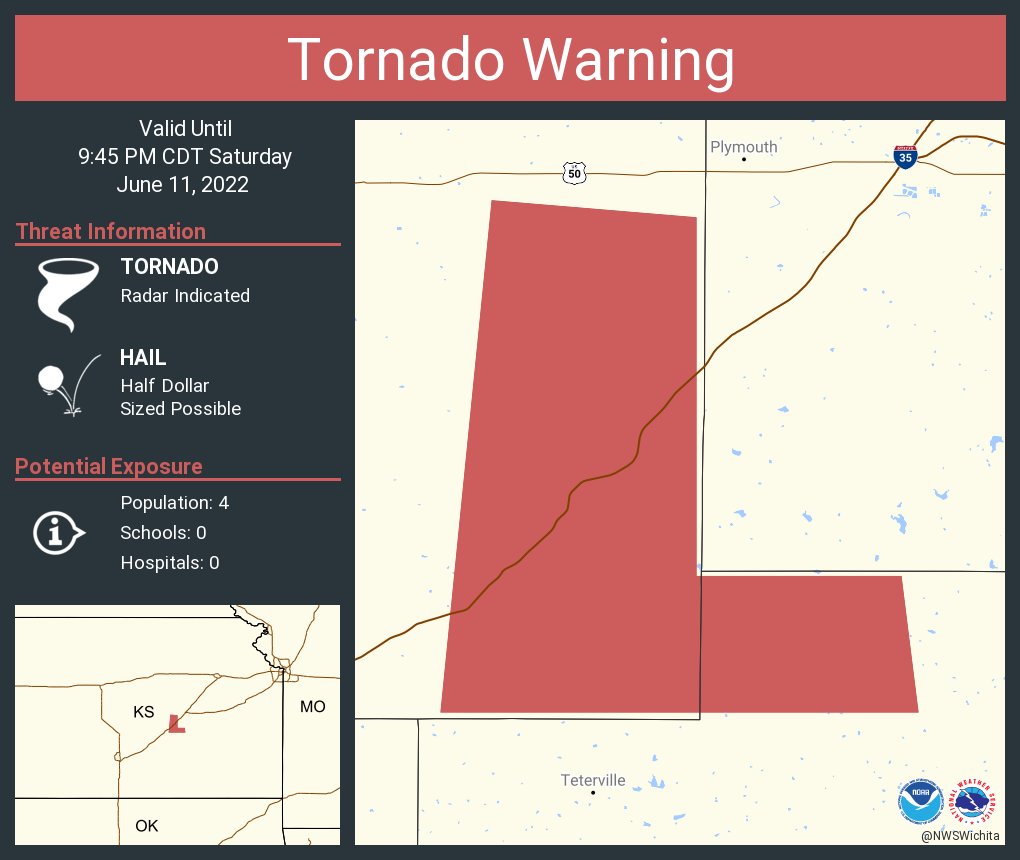 NWSWichita's tweet photo. Tornado Warning including Chase County, KS, Greenwood County, KS until 9:45 PM CDT https://t.co/zxPQCdzi9s