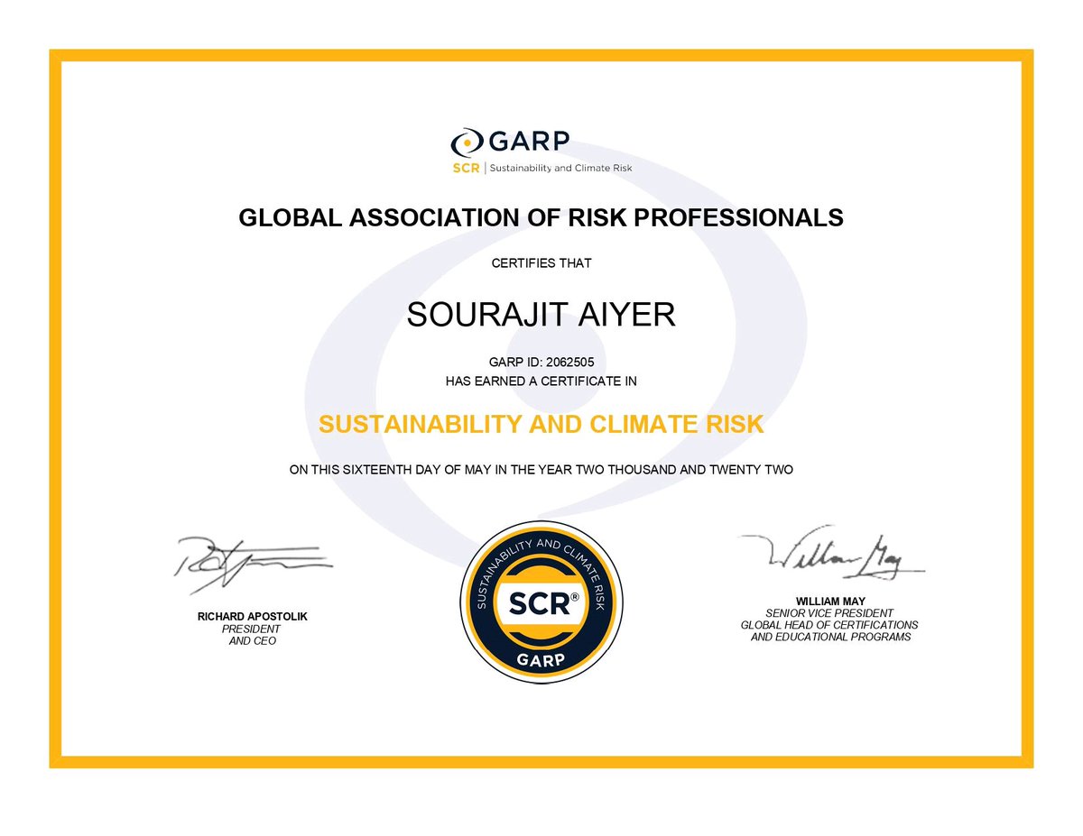 SAFasttrack's tweet photo. I passed #GARP's (Global Association of #Risk Professionals) #Sustainability &amp; #ClimateRisk (#SCR) certification :). Highly recommended course covering #climatechange &amp; #climate-related #financialrisks

#climaterisks #esg #sustainabledevelopment #sustainablefinance #ClimateCrisis https://t.co/h6iBz9wRih