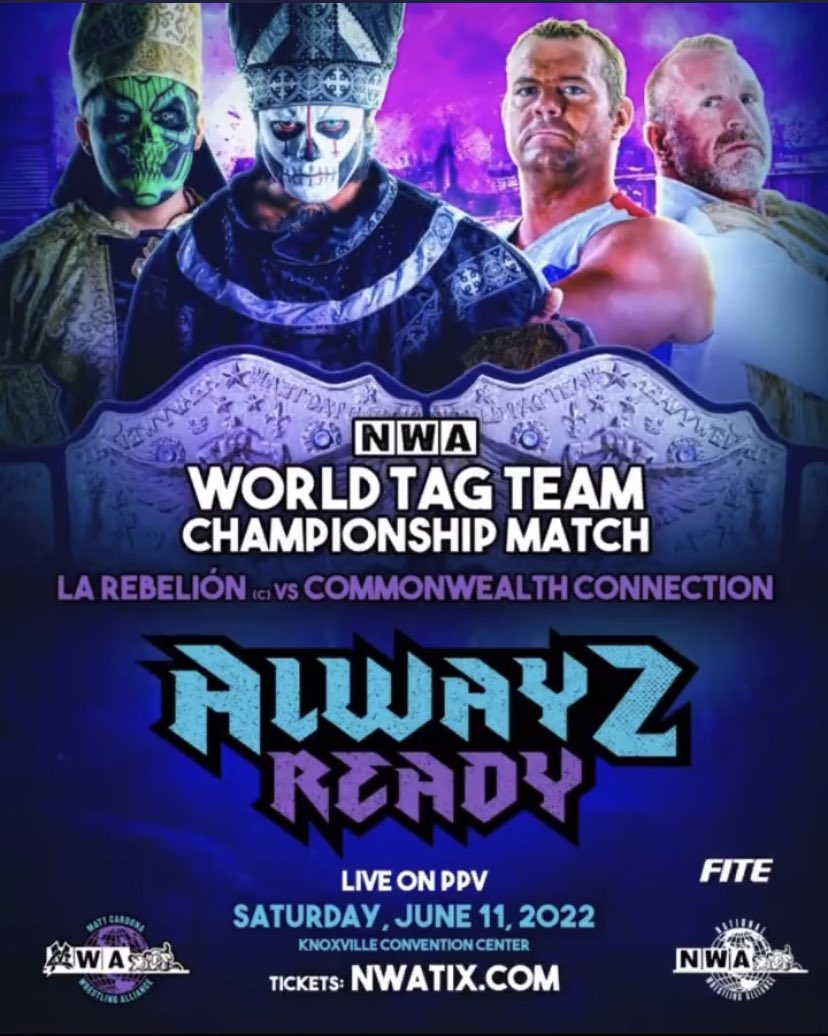 It’s La Rebelion vs Commonwealth Connection for the @NWA World #TagTitles at #AlwayzReady