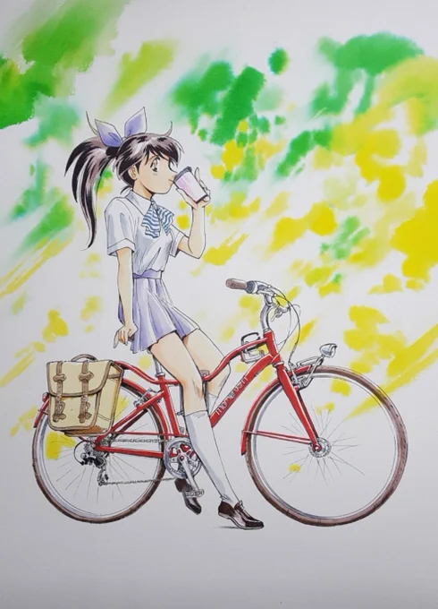 自転車って、正確に描こうとしたら 丁寧に製図的に描けば成立する。

するけどね。
それだと線が細いパイプの集合体なんで、暖かみが無いんだよ。

細かいディテールを追うことばかりに気を遣うと、人間が乗るノリモノから遠くなって行く。

僕が描きたいのはヒトが乗ってる自転車だ。 