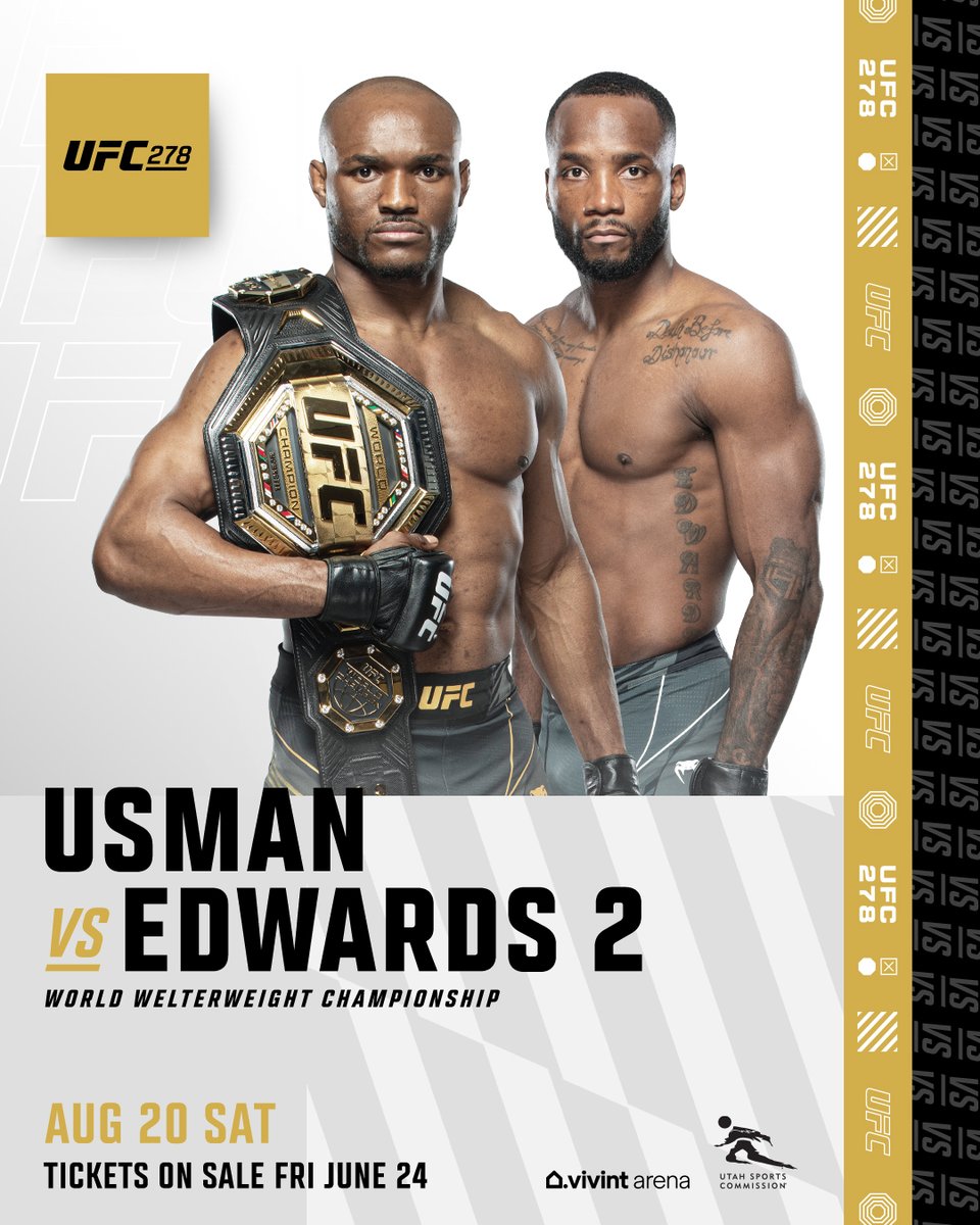 ufc's tweet image. This rematch comes with much higher stakes 🏆

@Usman84KG vs @Leon_EdwardsMMA

[ #UFC278 | Aug 20 | @VivintArena | @StateOfSport 🔗 ufc.com/presale ]