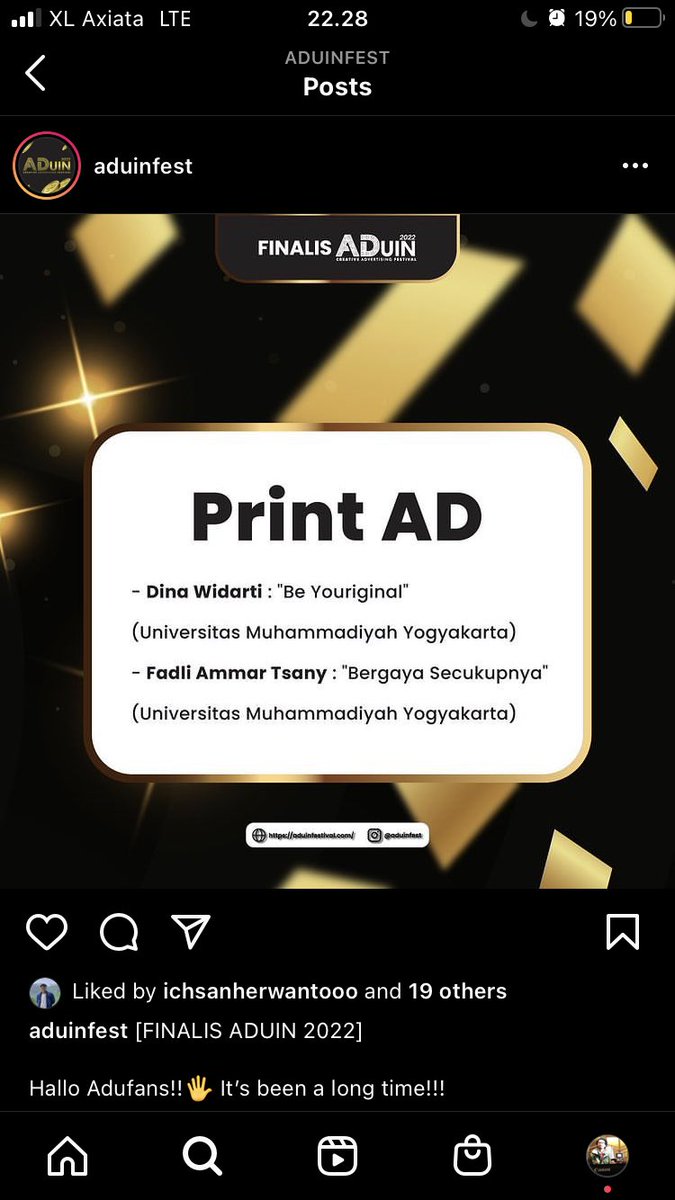 Selamat buat temen-temen adver 2020 <a href="/komunikasiumy/">Ilmu Komunikasi UMY</a> , tugas UK2 makul strategi taktik iklan jadi finalis di <a href="/ADuinfest/">ADuin Jogja</a> .  Mohon doanya semoga di awarding nite bisa pulang bawa logam.