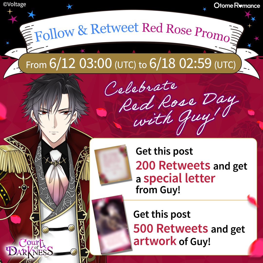 🌹Red Rose Day Retweet Promo🌹

On this Red Rose Day (a perfect fit for the Saligia!),
celebrate with Guy Avari and earn exclusive rewards! 
Courtiers and future Courtiers, let's try to meet the goal together🌹🙂 (1/3)