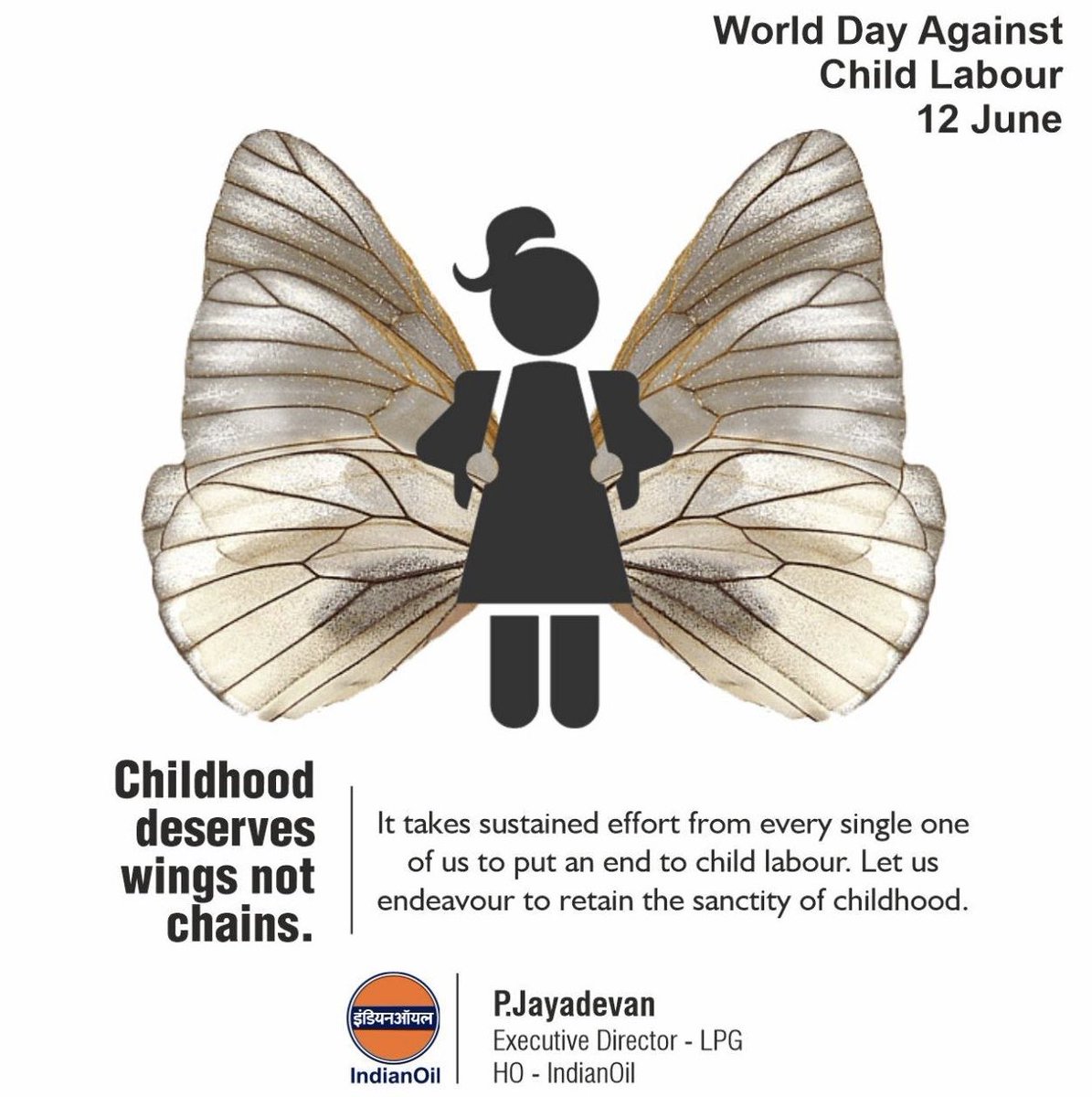 It takes sustained efforts from every single one of us to put an end to child labour. Let us endeavour to retain the sanctity of childhood. #WorlddayagainstChildLabour. Childhood deserves Wings not Chains