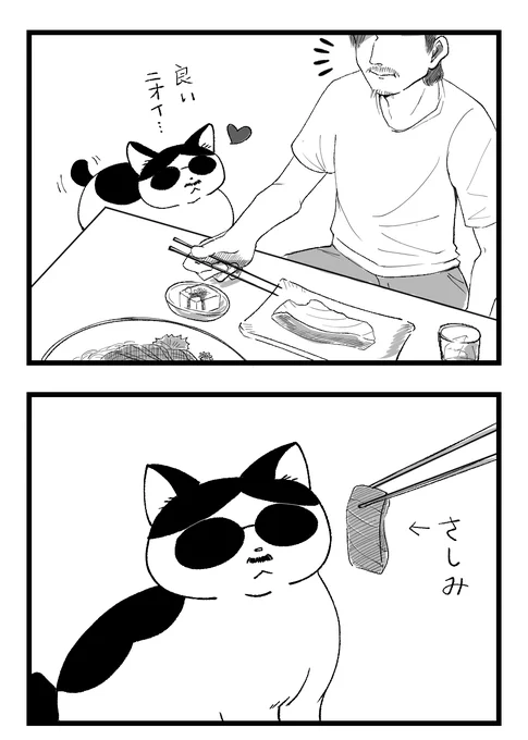 みんなでご飯を食べる妄想漫画。
食べ物の好き嫌いもアルフィーと一緒だと私が嬉しい。

ミケサクにあげる前提で、無塩の焼き魚を飼い主が選んでたら更に嬉しい(妄想) 