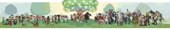 「満開のトネリコの木の下で」
トネリコの約束イベントに全員大集合してもらいました🙌全体図の解像度の良いものはPixivへ👇
https://t.co/nVUxW7sCGB
 #第五人格イラスト #IdentityV4周年イラコン花 