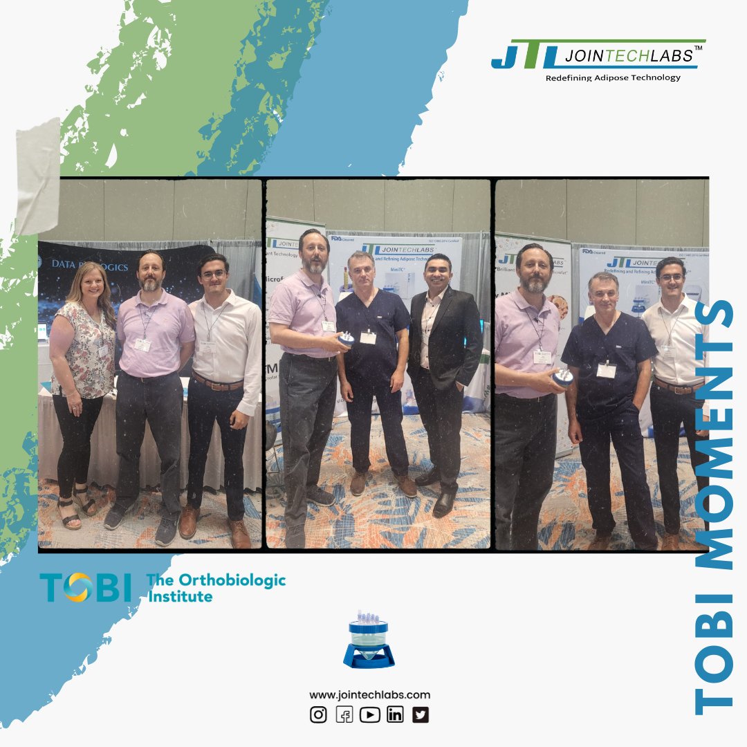 jointechlabs's tweet photo. Fantastic interaction with Dr. Jay Bowen, Luke Malanga, &amp; the entire @DataBiologics team at #tobi2022. 
Looking forward to further data collection for #MiniTC® microfat using DataBiologics. 
@NJRInstitute
@TOBIConference #mfat #microfat #microfatgrafting #adipose #cellharvesting https://t.co/OuftOnBByW