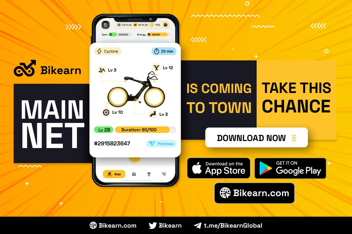 BIKEARN MAINNET IS COMING TO TOWN 👏

⏱️ Save the date and time:  3PM UTC June 12th, 2022
👉 Android version: download.bikearn.com/android
👉 iOS version: download.bikearn.com/ios
📌 Note: These two links will open when time comes

Be ready for this and see you there!