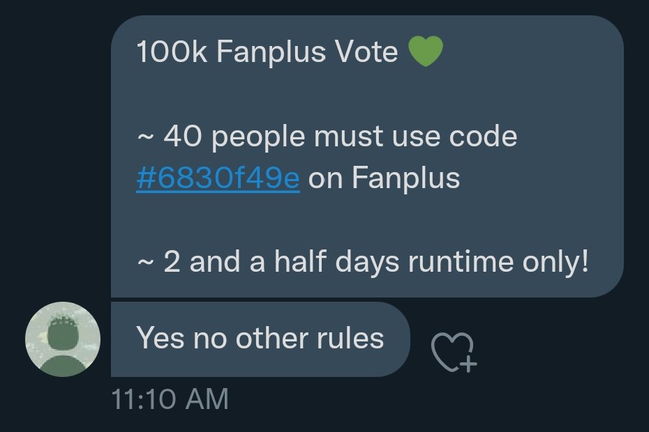 ANthefangirl's tweet photo. 100k Fanplus Vote ๐
From sponsor @Limegives
~ 40 people must use code #6830f49e on Fanplus
~ 2 and a half days runtime only! https://t.co/q4Vzd45S3k