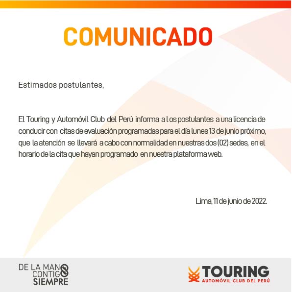 Atención Postulantes‼
👉El Touring y Automóvil Club del Perú informa a los postulantes a una licencia de conducir con citas de evaluación programadas para el día lunes 13 de junio próximo🚨

#Comunicado