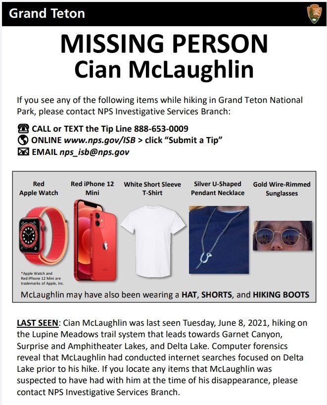 TourForANickel's tweet photo. @crystal_darter @GrandTetonNPS June 8, 2022:
1 yr. since Cian McLaughlin went missing.

Search efforts will continue this summer.

@GrandTetonNPS backcountry hikers are encouraged to contact the Tip Line (888-653-0009)
~if they locate any items from the updated flyer below.

#FindCian 🇺🇸

#BringCianHome 🇮🇪 https://t.co/jr5KSl4RhX