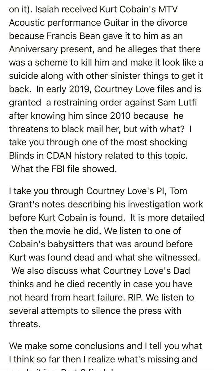 Danawilkey's tweet photo. Part 2 Kurt Cobain death confessional video #dishingdramadana You’ll need to read the show notes 🤯 4 images attached @entylawyer I put a message for you in here ❤️ 🥓 #cdan #blinds #courtneylove #Nirvana #kurtcobain #samlutfi #BritneySpears #isaiahsilva https://t.co/r4w8J1iCsU