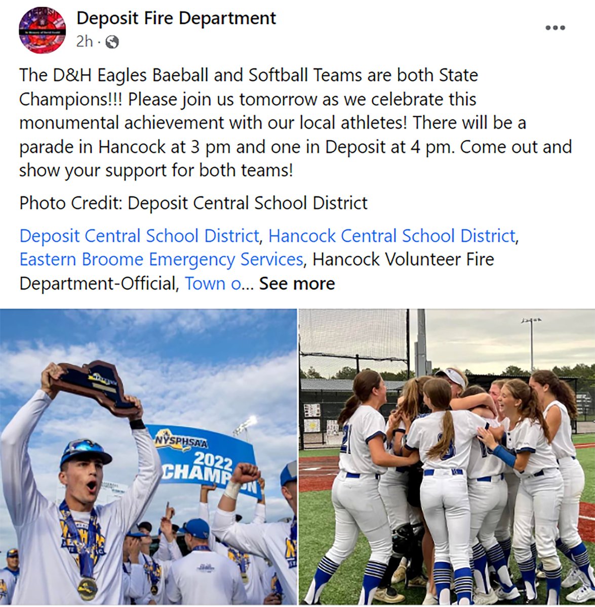 HCSAthDept's tweet photo. MAJOR FYI: Parades for our Deposit-Hancock Eagles Class D state champion baseball AND softball teams will be tomorrow (Sunday) at 3 p.m. in Hancock and at 4 p.m. in Deposit. The world is invited, and you're part of the world, so be there!
#LGDH #DHNation #StateChamps2022 https://t.co/IwBonoterZ