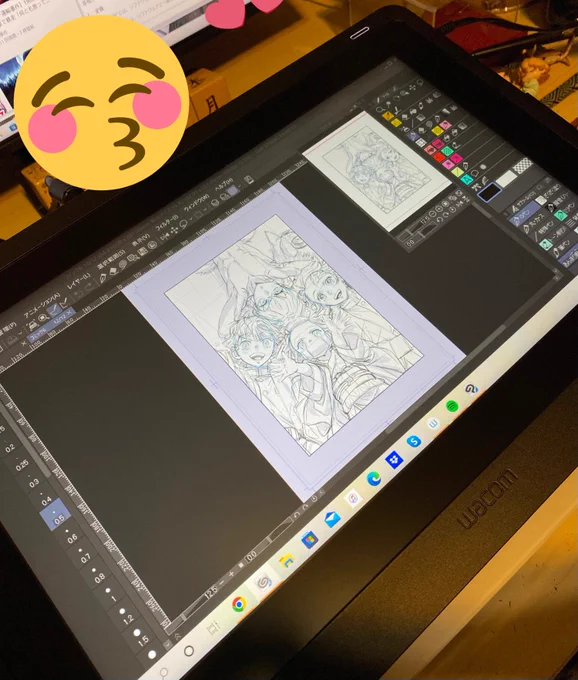 液タブをCintiq16に買い換えました久しぶりに新しい液タブ触って技術力の進化に感動…細い線が描ける!画面がでかい!!普段はアナログ作業なので2枚目みたいに脇に避けてもらうことになるけど…(机が汎用性皆無なので融通が効かない) 