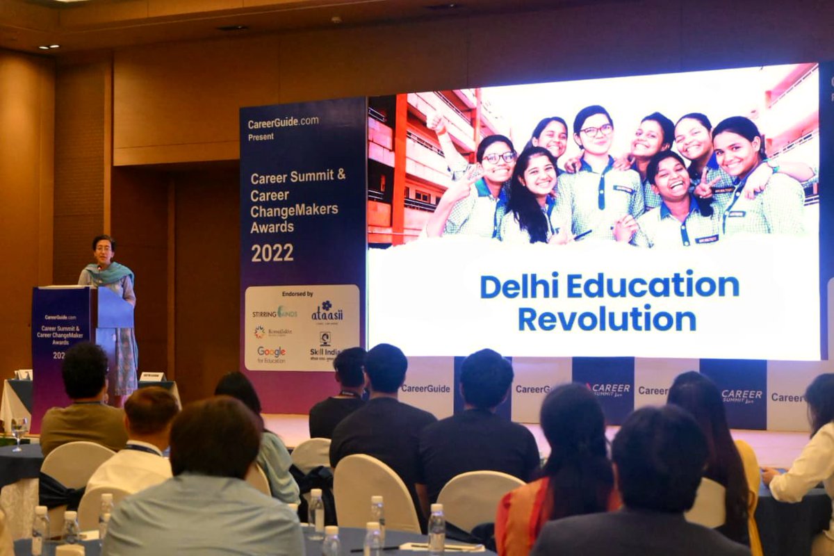 AtishiAAP's tweet photo. Honoured to receive the ‘Career Changemaker of the Decade’ award at the Career Summit 2022. 

The whole country is now looking towards the transformation in Delhi Govt schools, brought about by the @ArvindKejriwal govt https://t.co/2nduwgUL2M