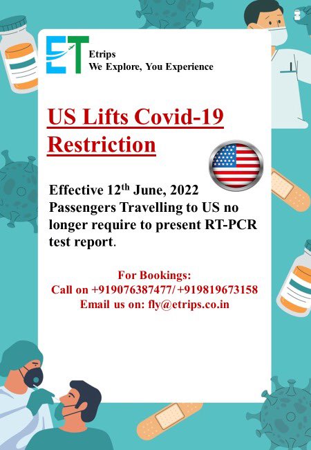 tushargm's tweet photo. US Lifts Covid-19 Restrictions
Effective 12th June, 2022 passengers travelling to US no longer require to present RT-PCR test report.
#COVID19 #covid19travel #visitus #toursandtravels #travelupdates #etrips https://t.co/M2cBZBYeou