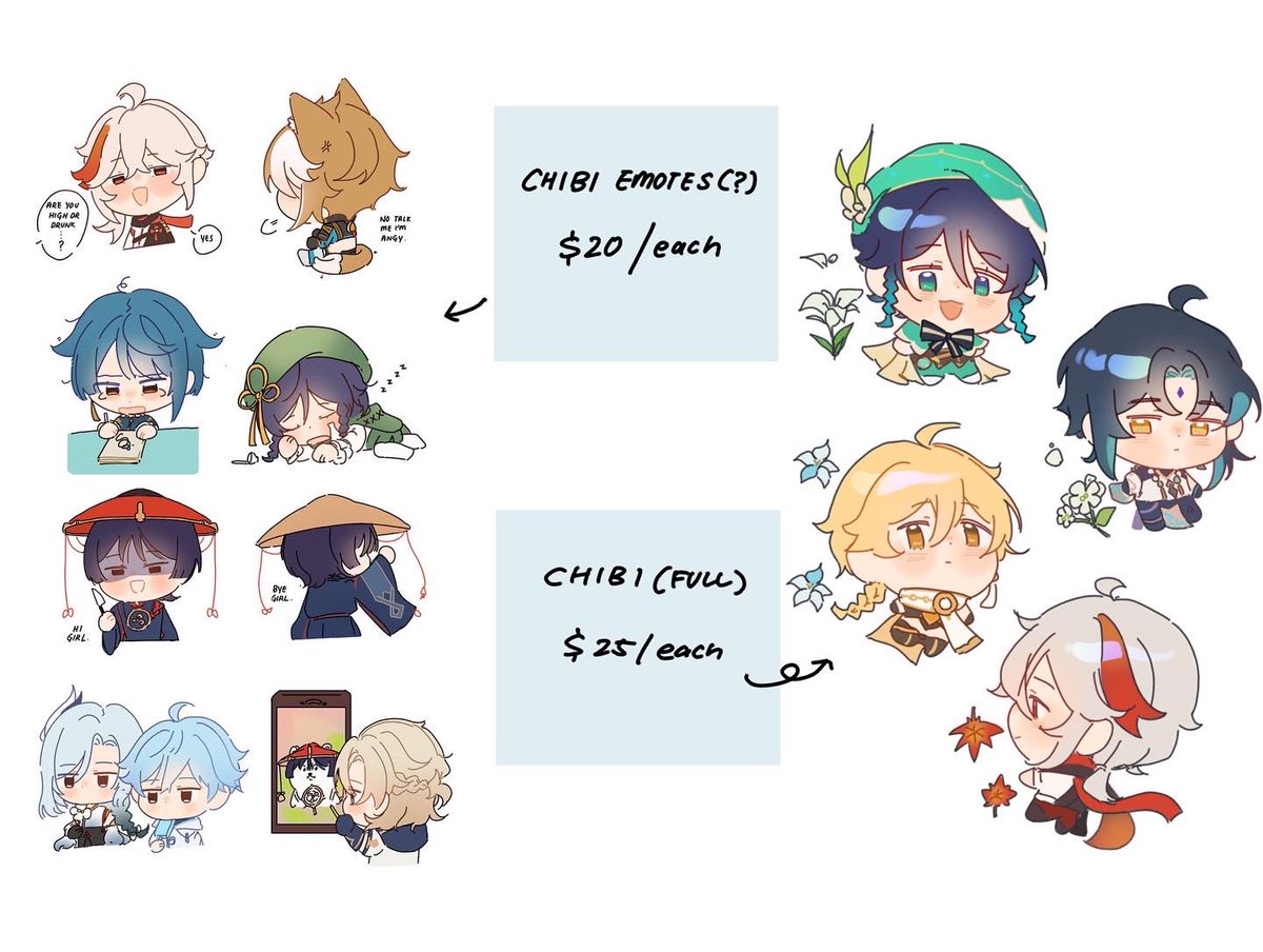 opening a couple of slots for chibi commissions 🕺 dm or email ceniwenn@gmail.com if you're interested ^o^