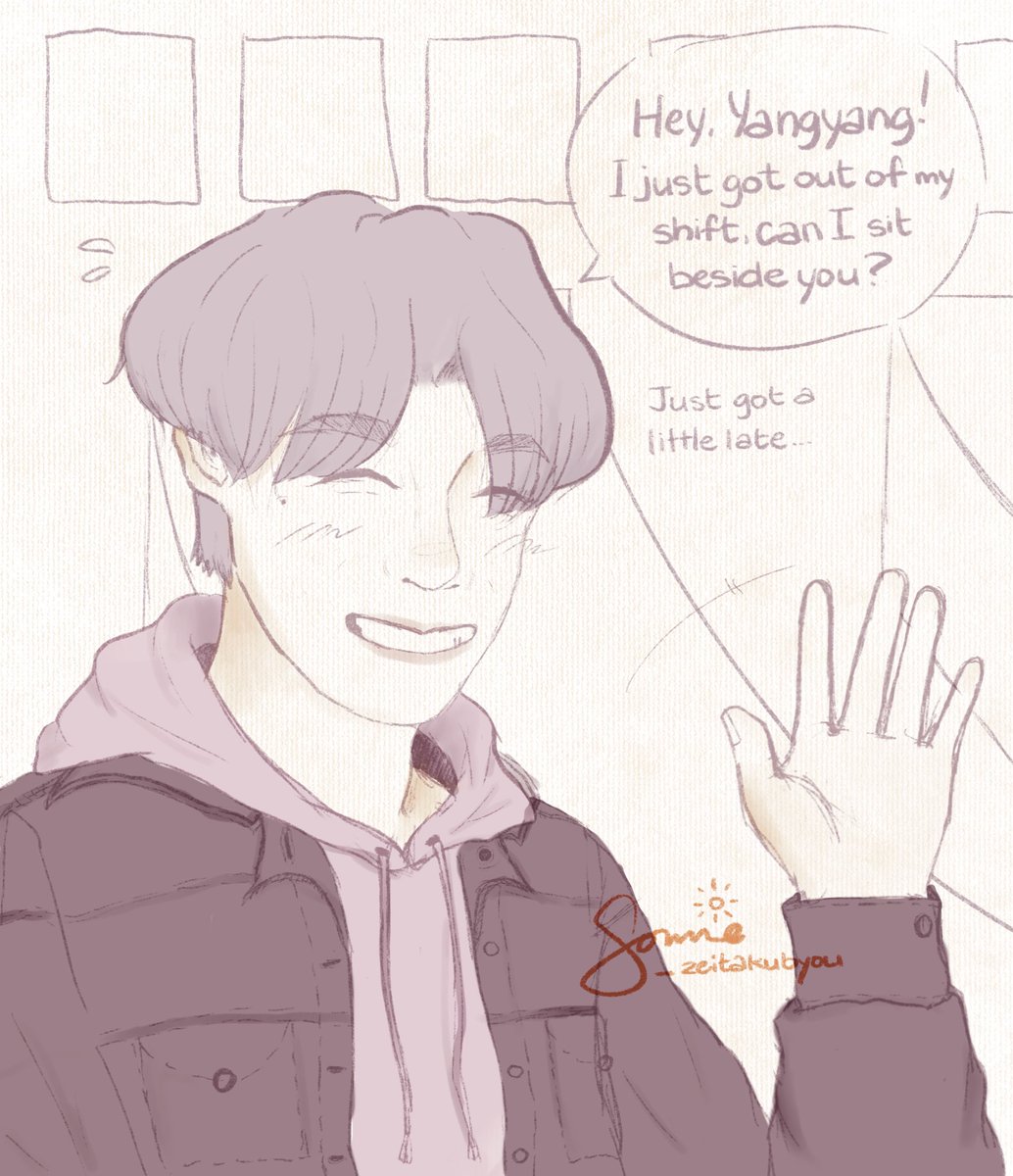 _zeitakubyou's tweet photo. "the very first time we met inside campus, it was when we were classmates for an elective. you were late from duty and i was drinking the frappuccino you made me earlier morning...

...and we were wearing the same thing— a sweater under a denim jacket."

#jenyang #noyang au ☕🍞 https://t.co/vo4Ix20Umq