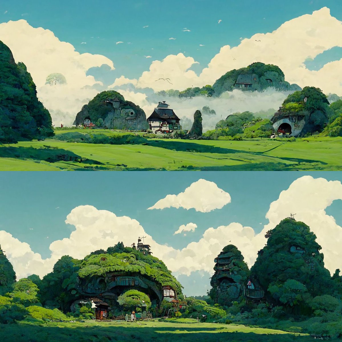 felixwolf's tweet photo. Environments in #StudioGhibli style. It’s frightening and fascinating at the same time what #MidjourneyAI is capable of. #AiArtwork https://t.co/zA2lXnRCiU