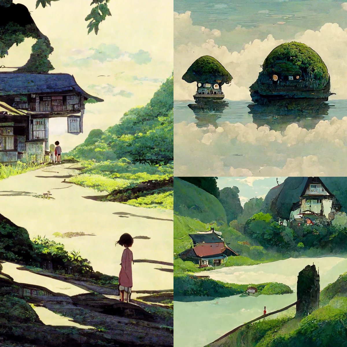 felixwolf's tweet photo. Environments in #StudioGhibli style. It’s frightening and fascinating at the same time what #MidjourneyAI is capable of. #AiArtwork https://t.co/zA2lXnRCiU
