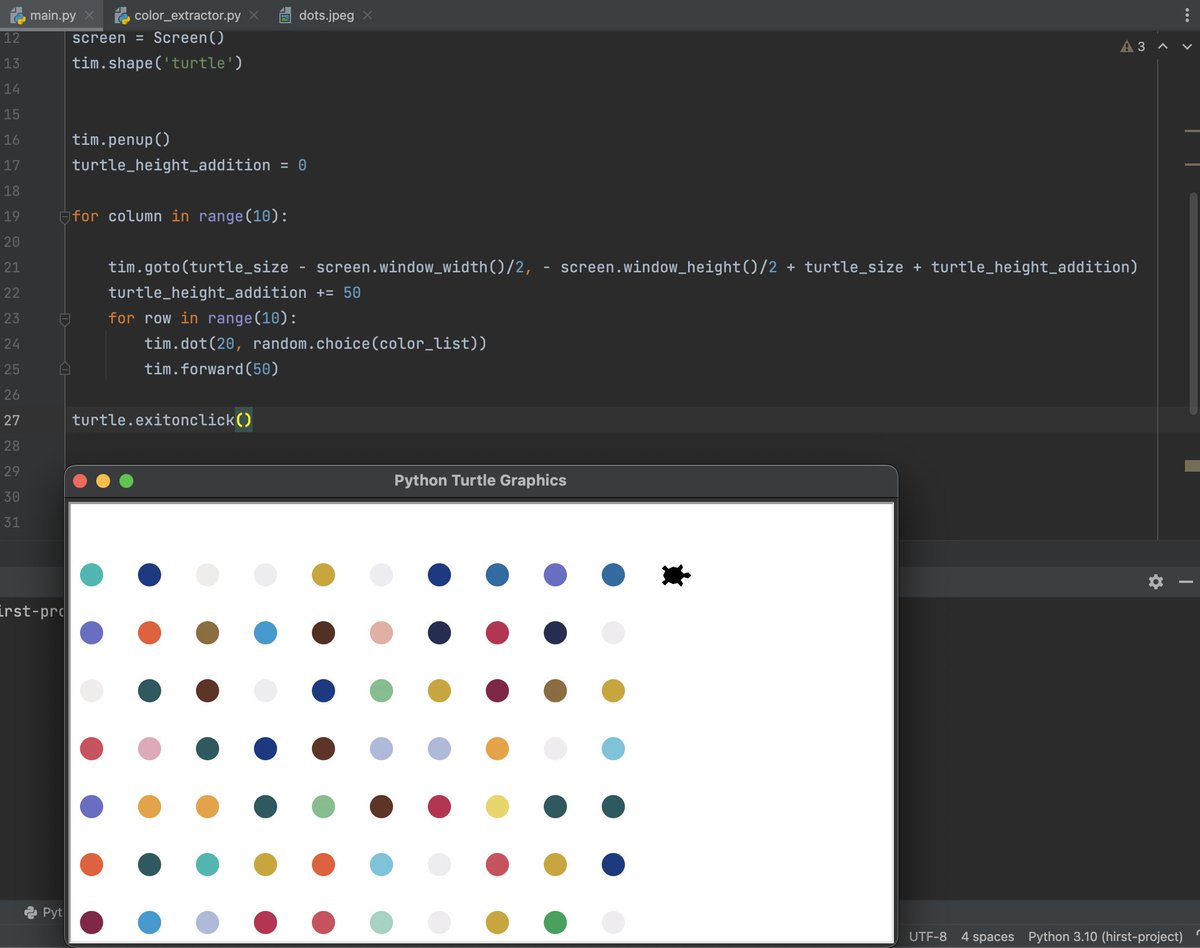 code log 64 🧬
okay this is gonna sound weird but today I made a Damien Hirst simulator that recreates his dot paintings using turtle graphics in python! you can find it here github.com/rdexel/damien_…
#python #dev #100DaysOfCode