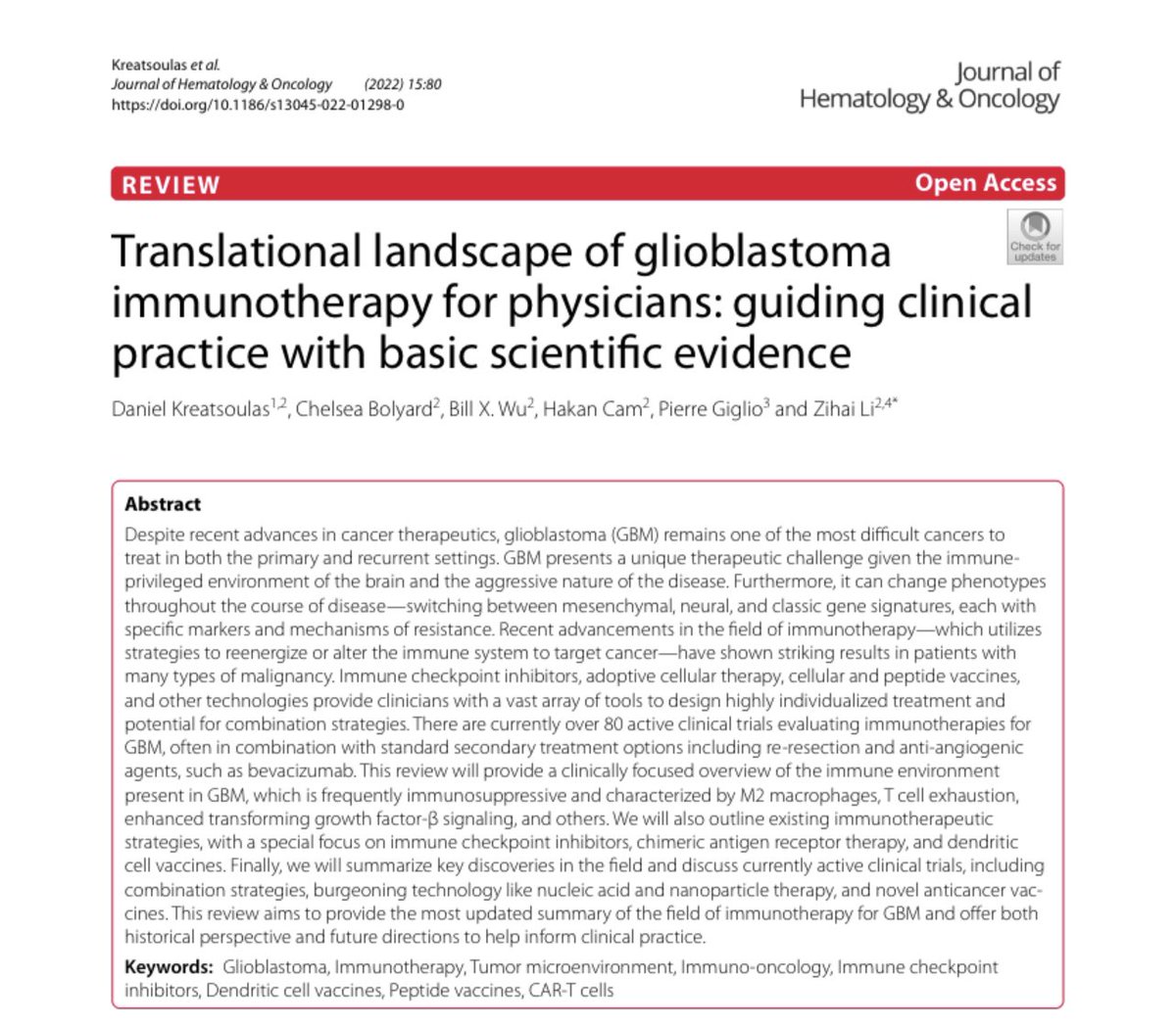 Zihai's tweet photo. Congrats to @DanKreatsoulas @chelsea_bolyard and others for providing a comprehensive review on immunotherapy of GBM. https://t.co/aqiJ30T3Gg https://t.co/q28YGwuIGf