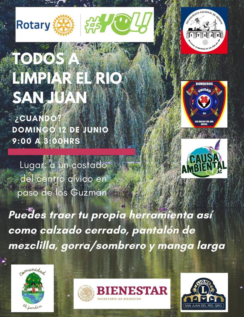 RotarySjr's tweet photo. Rotary San Juan del Río, te invita a "Limpiar nuestro Río San Juan".
Domingo: 12 de junio de 2022;
De: 9:00 am. a 3:00 pm.;
En el: Río San Juan;
A un costado del Centro Cívico;
Paso de los Guzmán.
#Rotary #SanJuanDelRío #RotarySJR #MedioAmbiente #Ecología #YoLimpio https://t.co/BR1vHLvJJ7