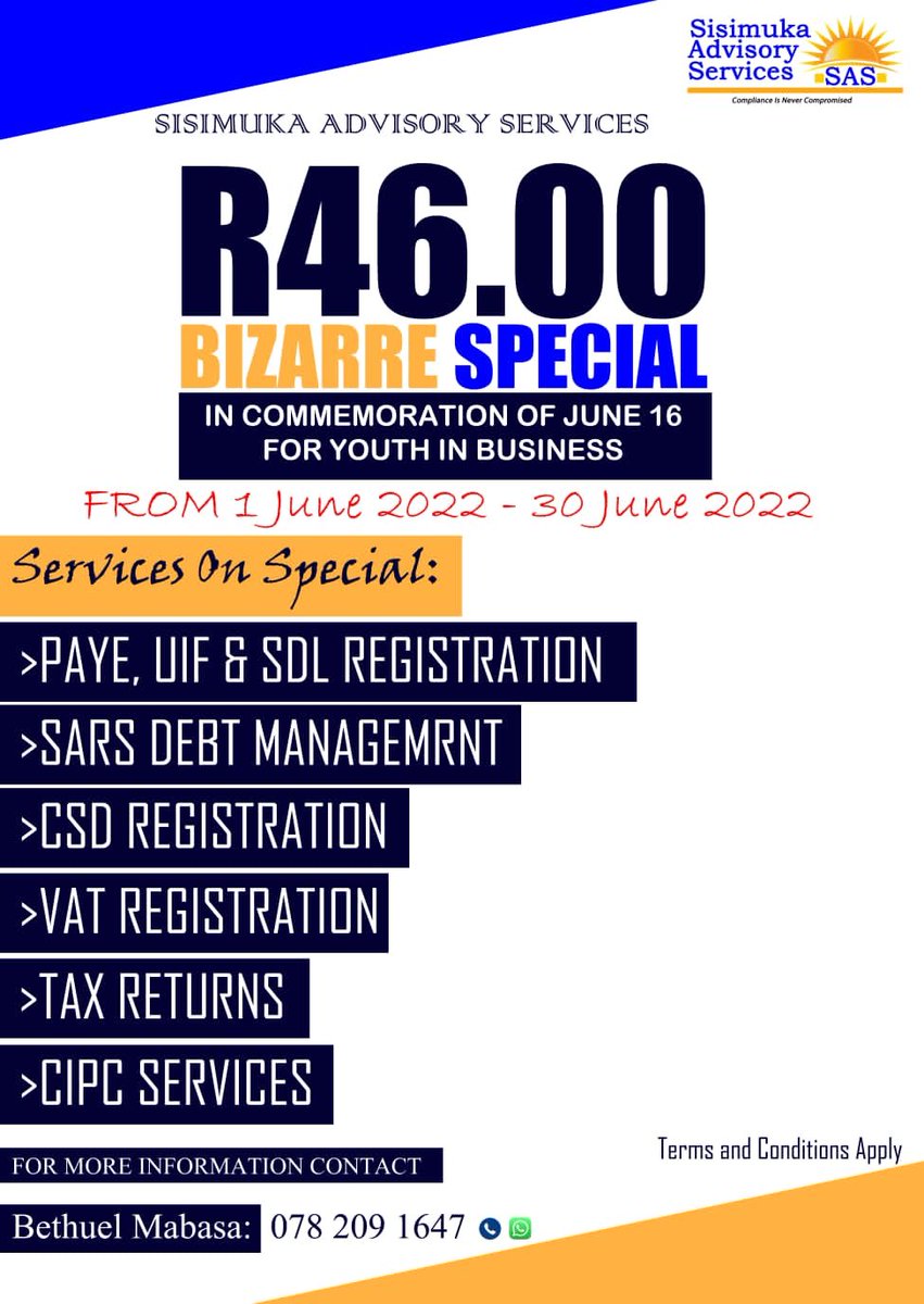 Good Morning Hustlers <a href="/SisimukaS/">Sisimuka Advisory Services</a> will be offering the following service to you youth for only R46