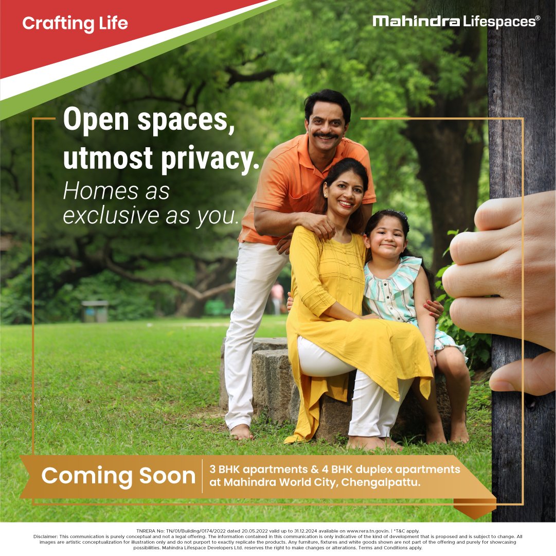 life_spaces's tweet photo. Wish to refresh & recharge as you catch up with your loved ones? We’ve got the home for you! #DeservinglyDistinct
Coming soon Spacious 3 BHK Apartments & 4 BHK Duplex Apartments at Mahindra World City, Chengalpattu.
Know more: https://t.co/8ssspLu2e2 https://t.co/y98OGV4x7s