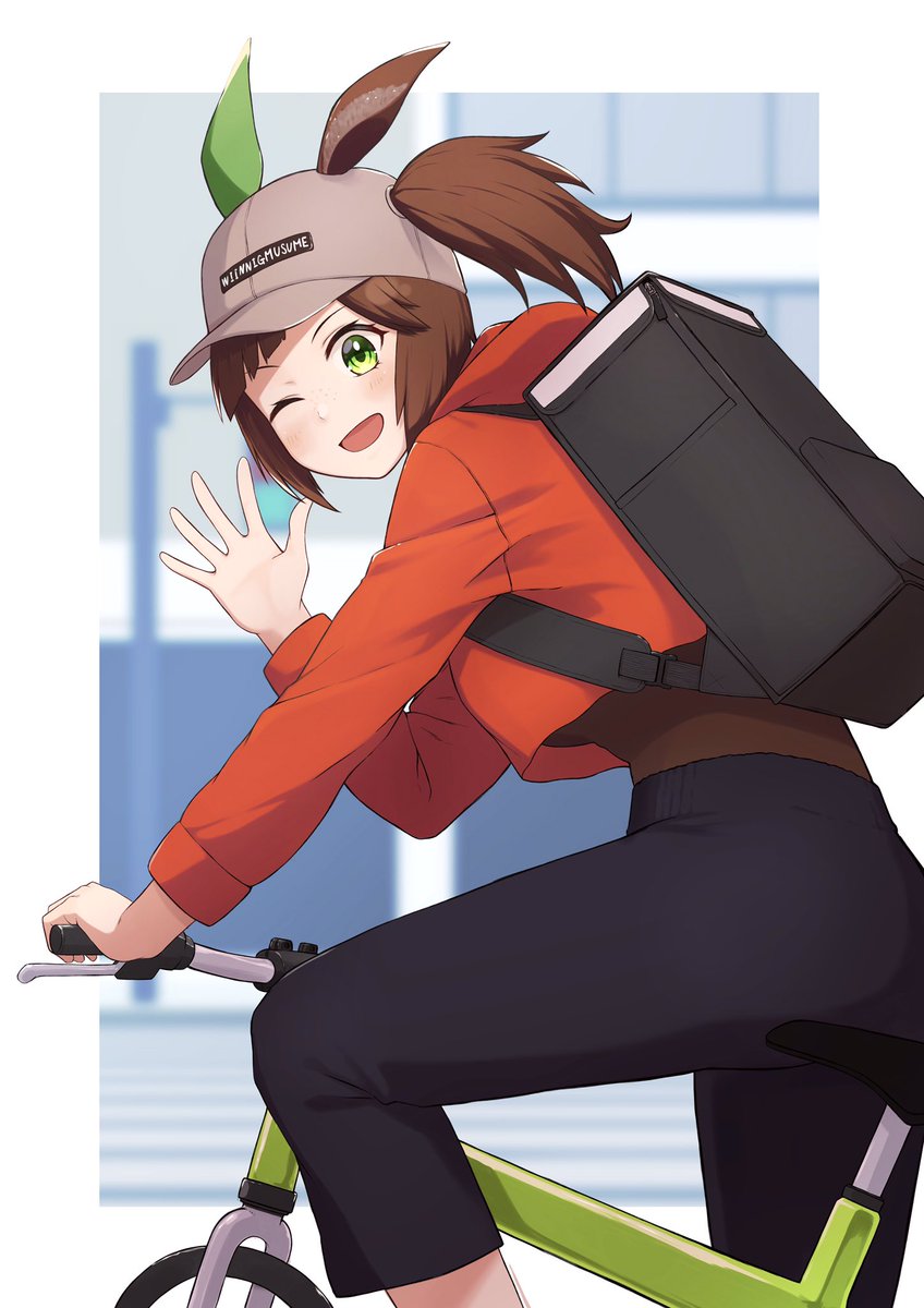 1girl bicycle brown hair green eyes one eye closed ground vehicle orange hoodie  illustration images