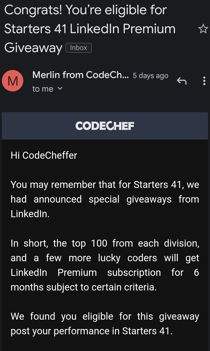 Durjoykundu07's tweet photo. I am glad to share that I have selected to the @LinkedIn premium giveaway from @codechef. This is my first reward for coading. So I am really very excited and encouraged.
#giveaway
#Competitive_programming https://t.co/2fVJ1Mr3Ox