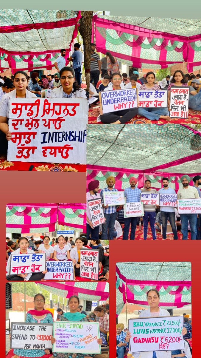 GadvasuVetUnion's tweet photo. Day 7 of protest for #IncreaseInternshipAllowance from 6200/- to 17000/- 
Healers should not get chillars🪙#Gadvasustudentsonstrike #Gadvasuvetunion  @KuldeepSinghAAP @avenuprasad1963 @BhagwantMann @PunjabGovtIndia @AAPPunjab @HarpalCheemaMLA @ArvindKejriwal @PrimeAsiaTV https://t.co/OIl2RHtUgR