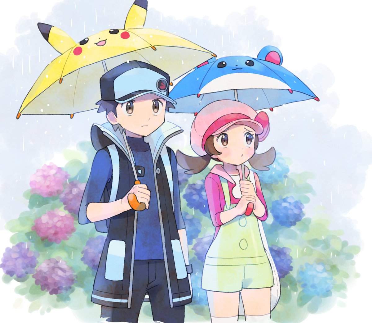 lyra (pokemon) ,pikachu ,red (pokemon) 1girl umbrella 1boy hat brown hair brown eyes holding  illustration images