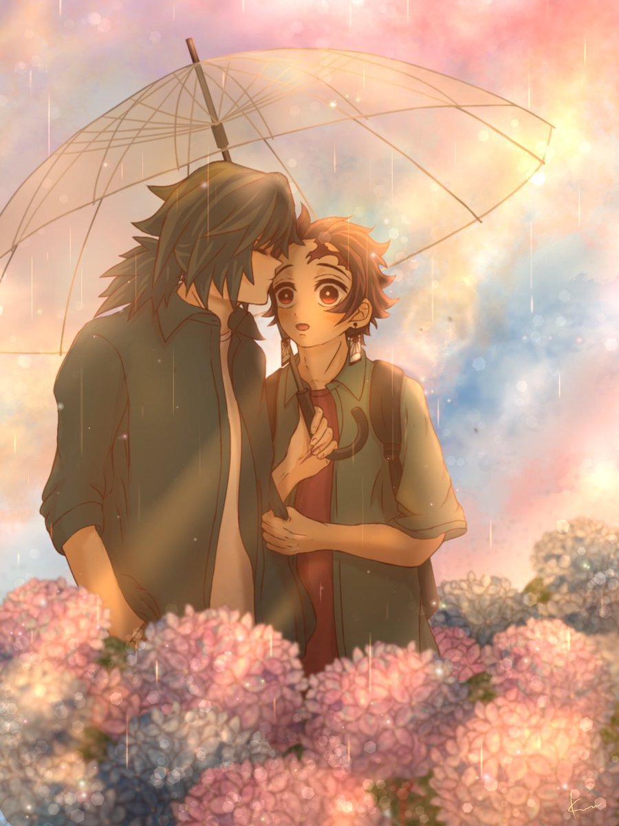 kamado tanjirou ,tomioka giyuu multiple boys umbrella flower 2boys rain male focus hydrangea  illustration images