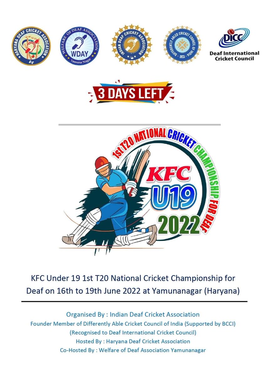 DeafHaryana's tweet photo. 3 days go for #U19National 

#IDCA #HDCA #WDAY #KFC #IndianOil https://t.co/fi2oI4wRGc