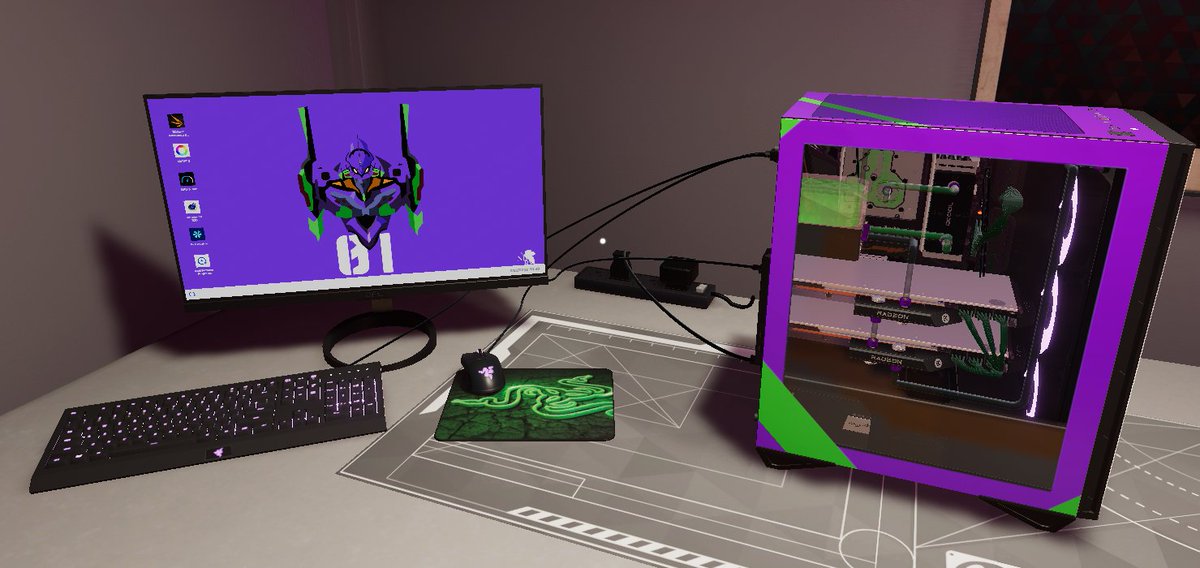 Darkaeluz's tweet photo. #MSIXPCBS2 @PCBuildingSim @msigaming 
This was lots of fun.

MSI MPG Gunghir 110 R
MSI MEG X570 ACE
AMD Ryzen 5950x
MSI Radeon RX 6900 XT (x2)
Patriot Viper M.2 2TB (x3)
G.SKILL Trident Z Royal Elite 16GB (x4)
Antec SIGNATURE 1300 PLATINUM

All water cooled Eva 01 inspired build https://t.co/rkQooULQQE
