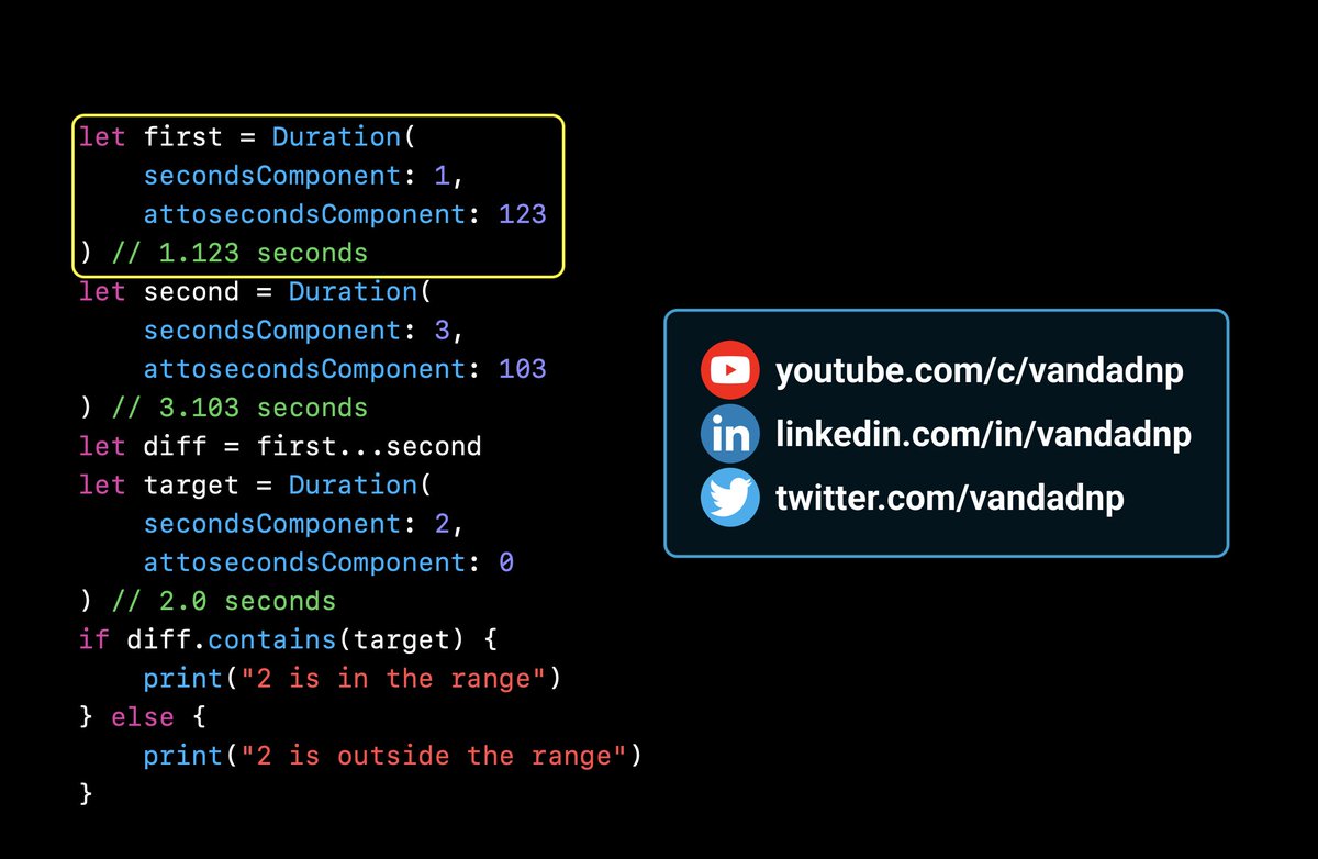 vandadnp's tweet photo. 🔥#Swift 5.7 brings with it the #Duration struct that allows us developers to specify a duration in seconds and attosecond. This means you don't have to use #TimeInterval anymore for this! 🥲 https://t.co/1s0VMx2K27