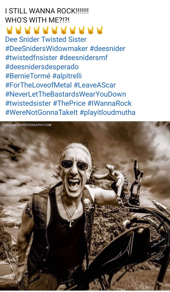 Dee_Sniders_WM's tweet photo. I STILL WANNA ROCK!!!!!!!
WHO'S WITH ME?!?!
🤘🤘🤘🤘🤘🤘🤘🤘🤘🤘🤘
#DeeSnidersWidowmaker #deesnider #twistedfnsister #deesnidersmf #deesnidersdesperado
#ForTheLoveofMetal #LeaveAScar 
 #ThePrice #IWannaRock #playitloudmutha https://t.co/qkVbY9Swo4