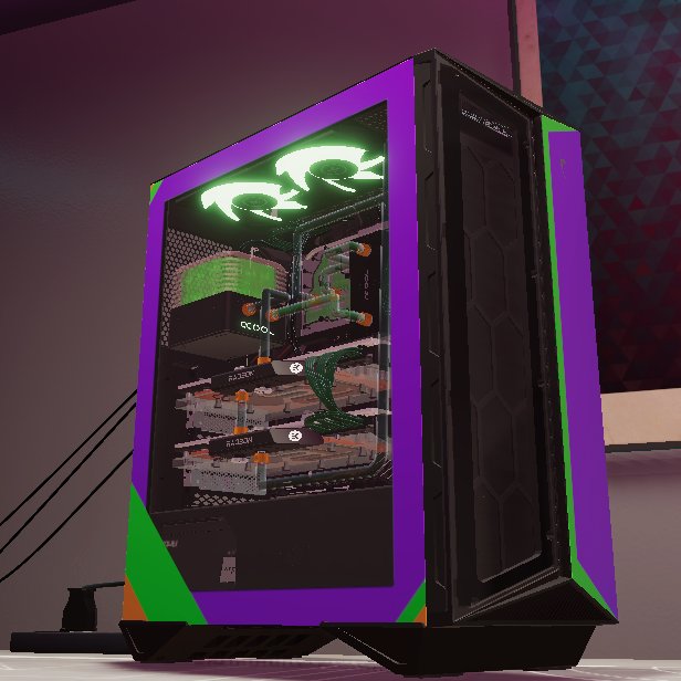 Darkaeluz's tweet photo. #MSIXPCBS2 @PCBuildingSim @msigaming 
This was lots of fun.

MSI MPG Gunghir 110 R
MSI MEG X570 ACE
AMD Ryzen 5950x
MSI Radeon RX 6900 XT (x2)
Patriot Viper M.2 2TB (x3)
G.SKILL Trident Z Royal Elite 16GB (x4)
Antec SIGNATURE 1300 PLATINUM

All water cooled Eva 01 inspired build https://t.co/rkQooULQQE
