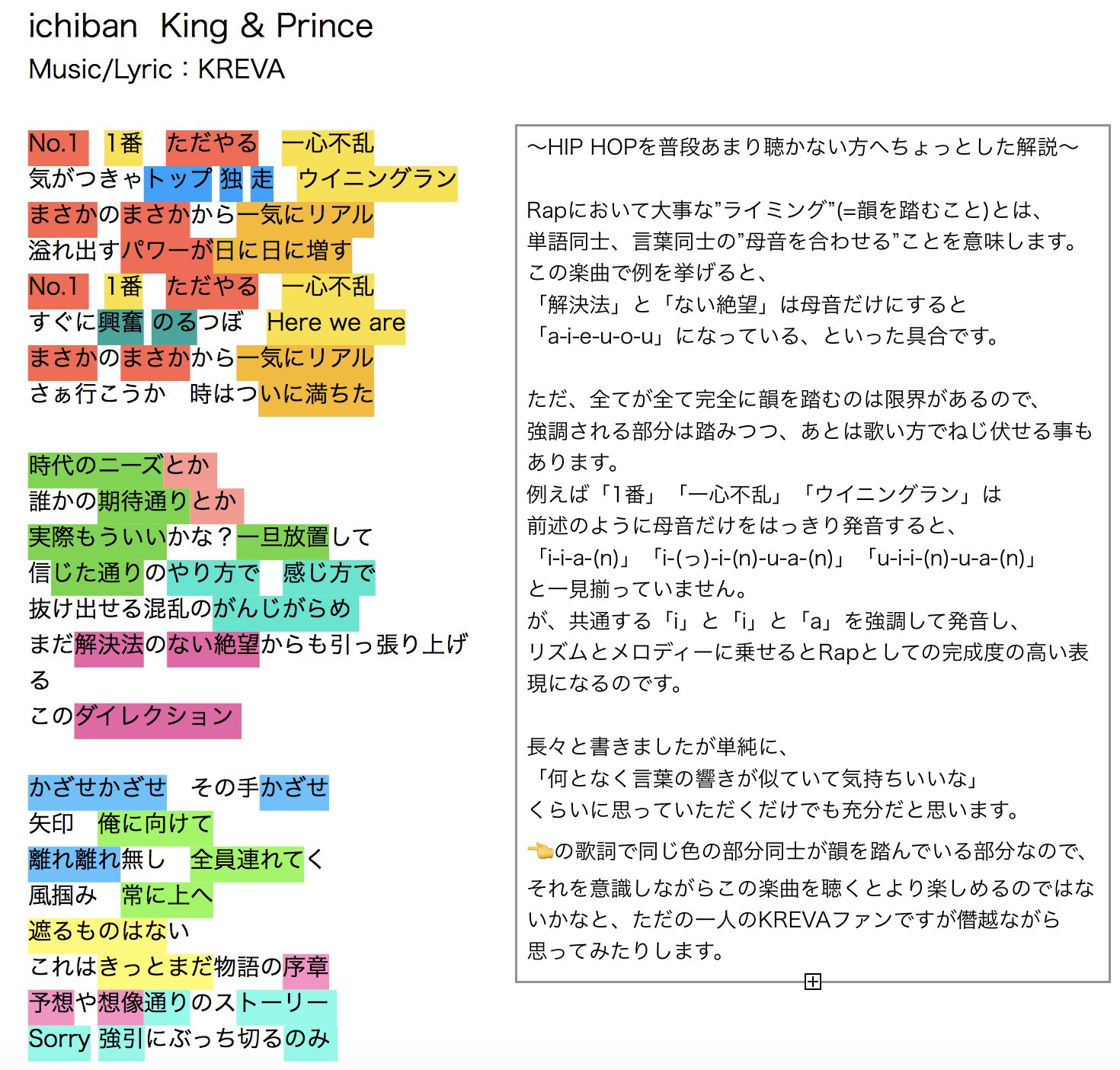 Ryou キンプリさんファンの方で 普段ヒップホップ ラップはあんまり聴かないよという方むけに Ichiban の歌詞の韻の色分けとちょっとした解説をしてみたのだけど届くかな 伝わるかな でも伝えなくちゃ伝わらないってkreさんに言われてるし Kingandprince