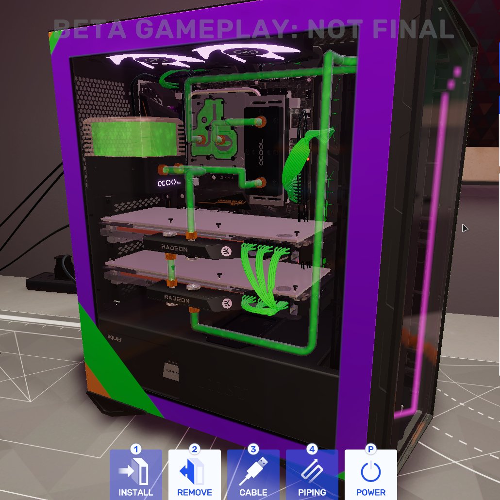 Darkaeluz's tweet photo. #MSIXPCBS2 @PCBuildingSim @msigaming 
This was lots of fun.

MSI MPG Gunghir 110 R
MSI MEG X570 ACE
AMD Ryzen 5950x
MSI Radeon RX 6900 XT (x2)
Patriot Viper M.2 2TB (x3)
G.SKILL Trident Z Royal Elite 16GB (x4)
Antec SIGNATURE 1300 PLATINUM

All water cooled Eva 01 inspired build https://t.co/rkQooULQQE