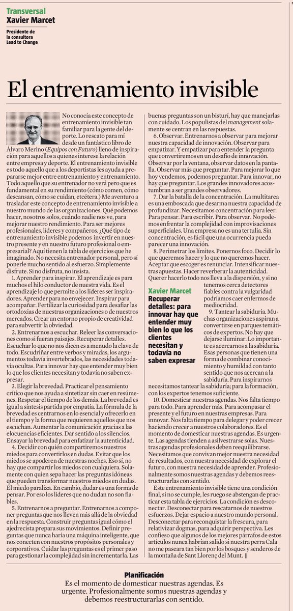 No solamente en el deporte, también en las empresas y en las organizaciones el entrenamiento invisible, el que tienen que ver con la autoexigencia y el esfuerzo, explica muchas cosas, hoy en @LaVanguardia lavanguardia.com/economia/20220…