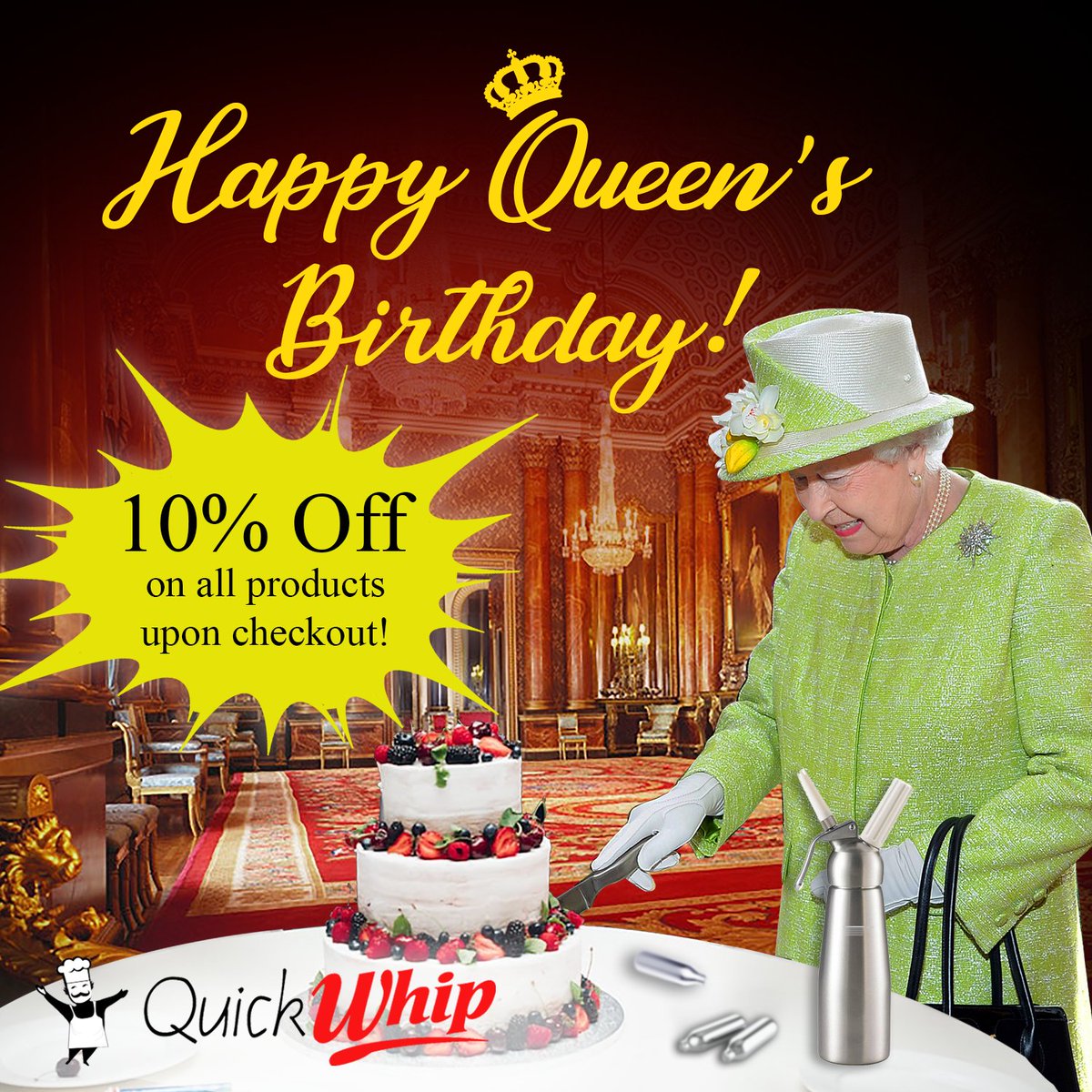 QuickwhipAus's tweet photo. The only Cream fit for a Queen. Happy Queen's Birthday! 👑🎂

🚨Use this code: QUEEN10 upon checkout to get a 10% discount on all products at https://t.co/dU5EduZe9p 😲😍 *Available for a limited period only. #queensbirthday #creamchargers #quickwhip #whippedcreamchargers https://t.co/MaIDRKstLt