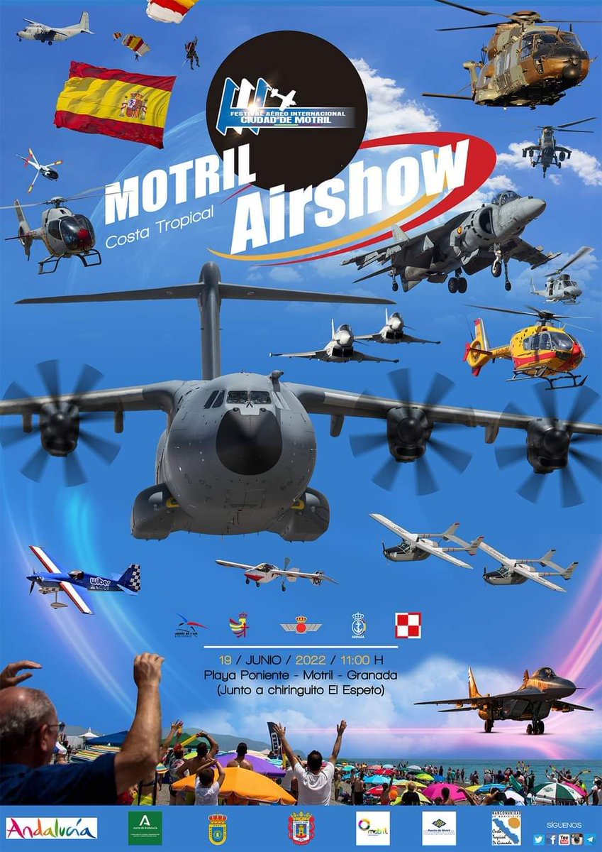 ⏳Tic tac, tic tac 🛩️🚁 ‼️FESTIVAL AÉREO DE MOTRIL ‼️
¡Ya falta muy poco! El próximo domingo 19 de junio, Motril vuelve a recibir, el gran Festival Aéreo Internacional Ciudad de Motril. 
📌Playa de Poniente, a partir de las 11 horas! ¡Ven y disfruta!