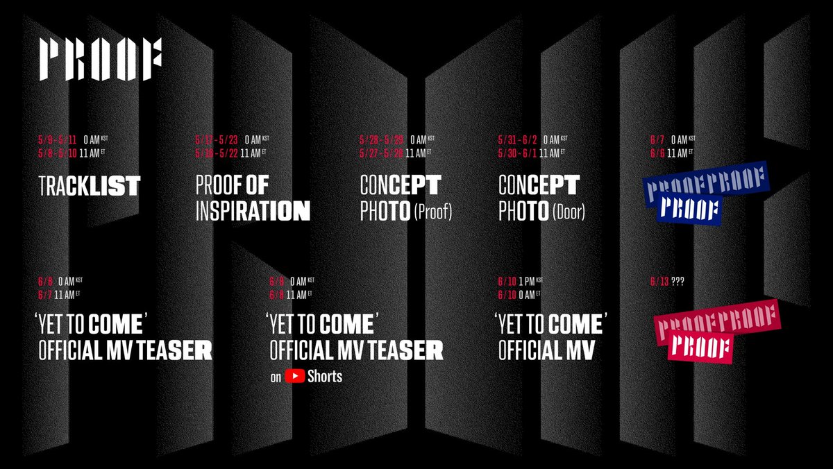 bangtan_com_ph's tweet photo. 🗓️ BTS SCHEDULE (KST)

6/13 
• BTS 9th Anniversary -FESTA! 🎉
• BTS Festa Merch (11AM)
• BTS Proof Live @ BangtanTV (9PM)
• Song for ARMY (TBA)
• Bangtan Dinner 🍜 (TBA)
• Big Announcement❓❓❓ (12AM KST)

6/16 Mnet M Countdown (6PM)
6/17 KBS Music Bank (5PM)

+ https://t.co/rpSJXcGd43