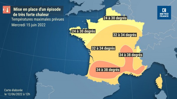 🥵Une vague de chaleur se met en place à partir de mercredi jusqu'au week-end. Elle commencera par concerner le sud du pays. Son extension plus au nord est encore incertaine.  Le pic d'intensité de cet épisode est attendu entre jeudi et samedi

🌡️ T°C maxi prévues mercredi⬇️
