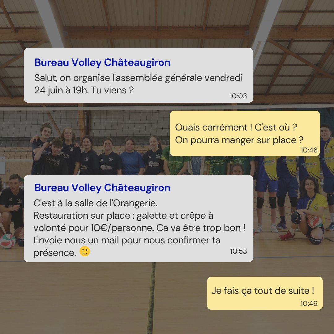 ChateauVolley's tweet photo. Bonjour bonjour,
Petit rappel : n'oubliez pas de répondre au mail sur votre présence lors de l'Assemblée Générale et au repas qui suivra. https://t.co/rkq91Buhlv