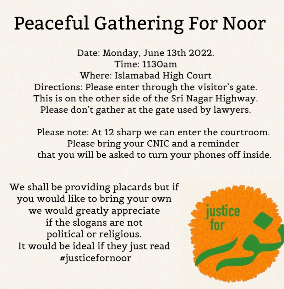 justicefornoor's tweet photo. Please share and attend if you are in Islamabad. #JusticeforNoor https://t.co/G1XKBbaZxO